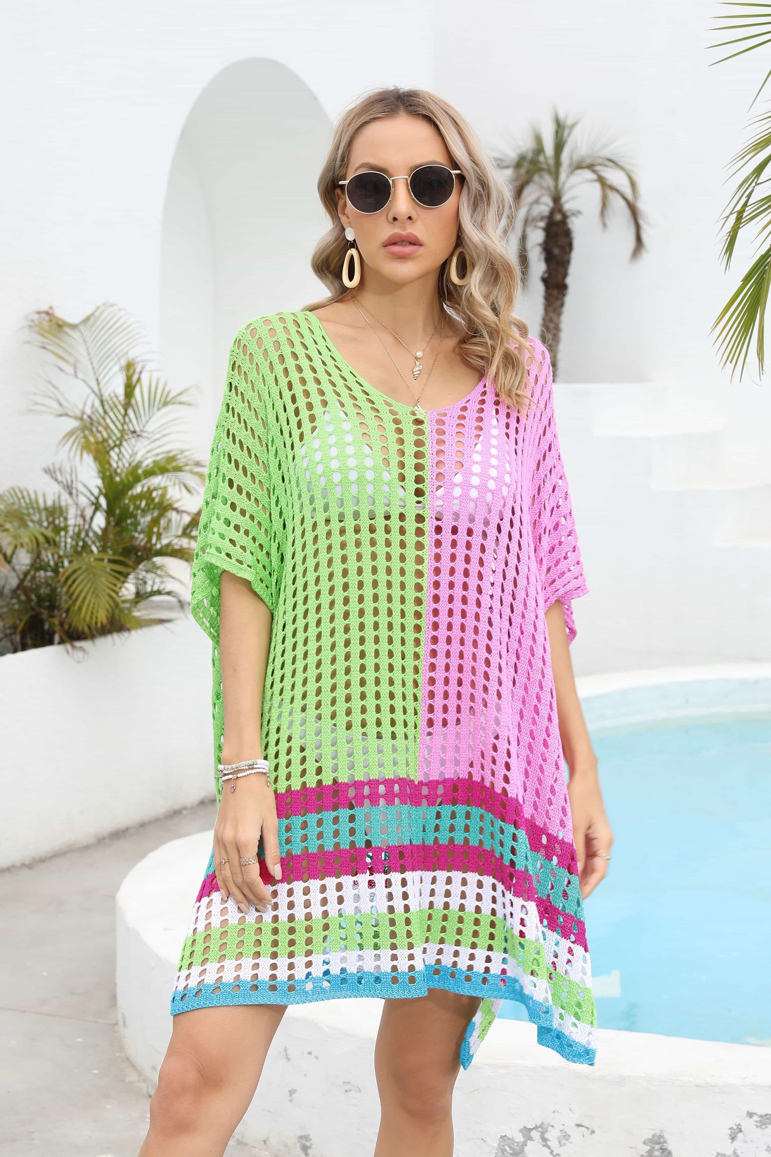 Vibrant Contrasting Colors Crochet Beach Cover-Up - MXSTUDIO.COM