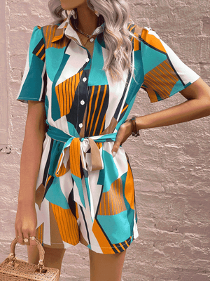 Vibrant Geometric Tie Belt Short Sleeve Romper - MXSTUDIO.COM