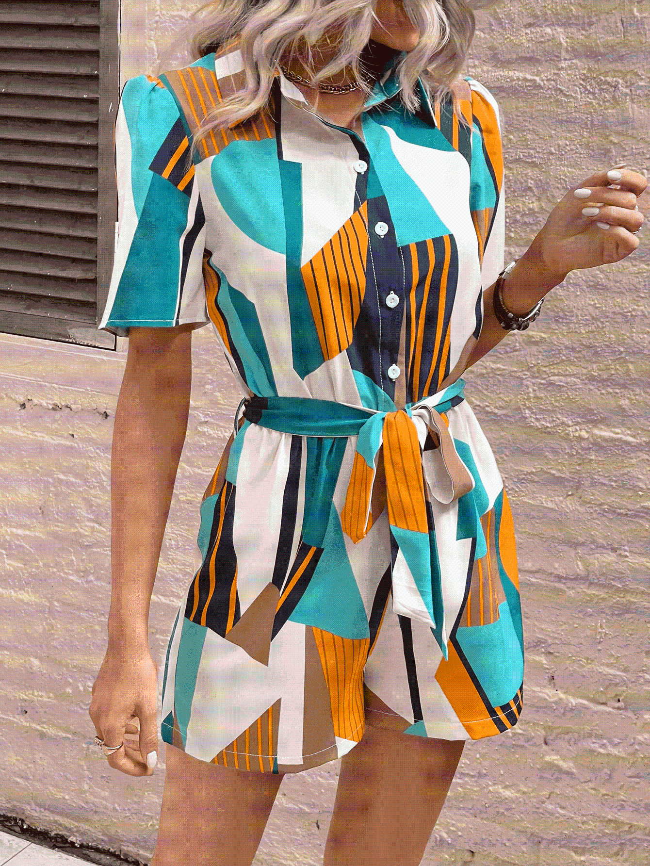 Vibrant Geometric Tie Belt Short Sleeve Romper - MXSTUDIO.COM