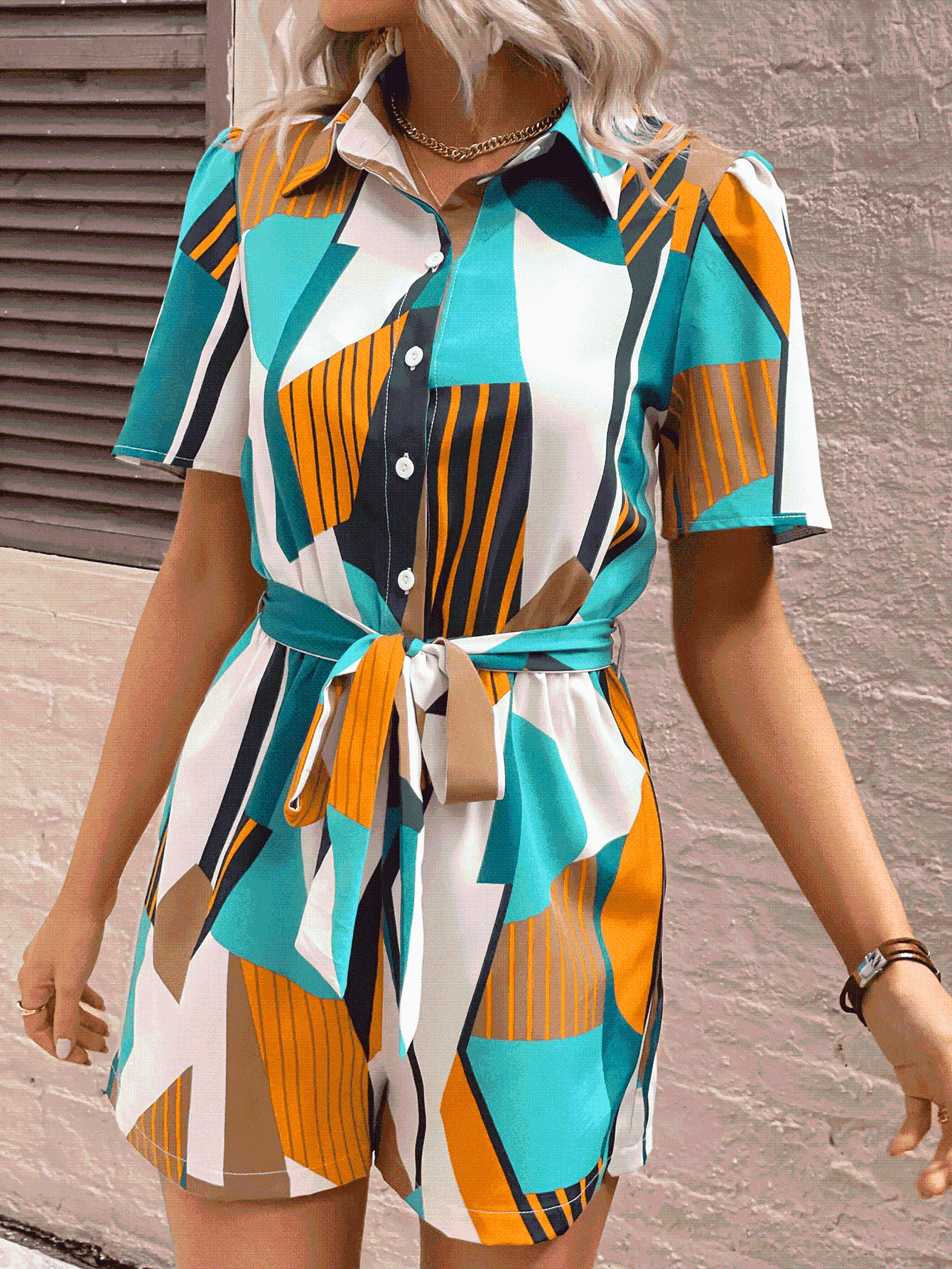 Vibrant Geometric Tie Belt Short Sleeve Romper - MXSTUDIO.COM