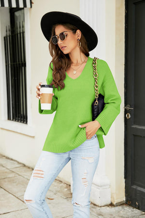 Vibrant Knit V Neck Long Sleeve Sweater - MXSTUDIO.COM