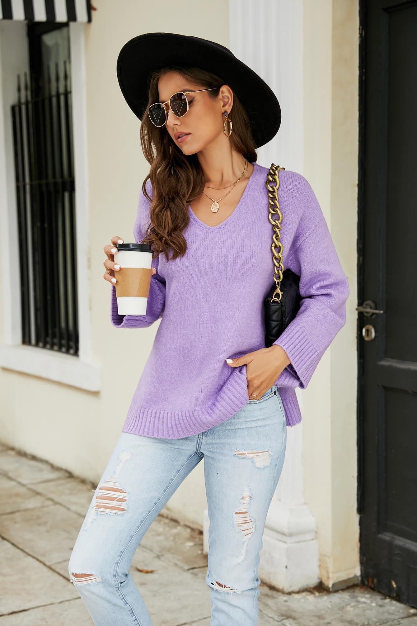 Vibrant Knit V Neck Long Sleeve Sweater - MXSTUDIO.COM