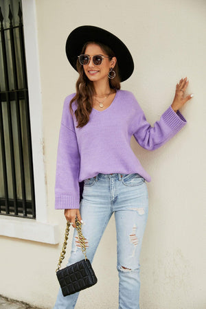 Vibrant Knit V Neck Long Sleeve Sweater - MXSTUDIO.COM