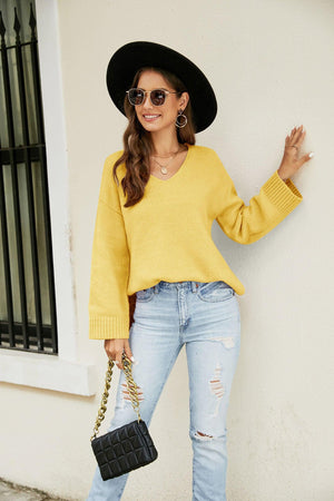 Vibrant Knit V Neck Long Sleeve Sweater - MXSTUDIO.COM