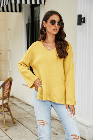 Vibrant Knit V Neck Long Sleeve Sweater - MXSTUDIO.COM