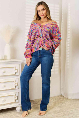 Vibrant V-Neck Long Sleeve Multicolor Cardigan-MXSTUDIO.COM