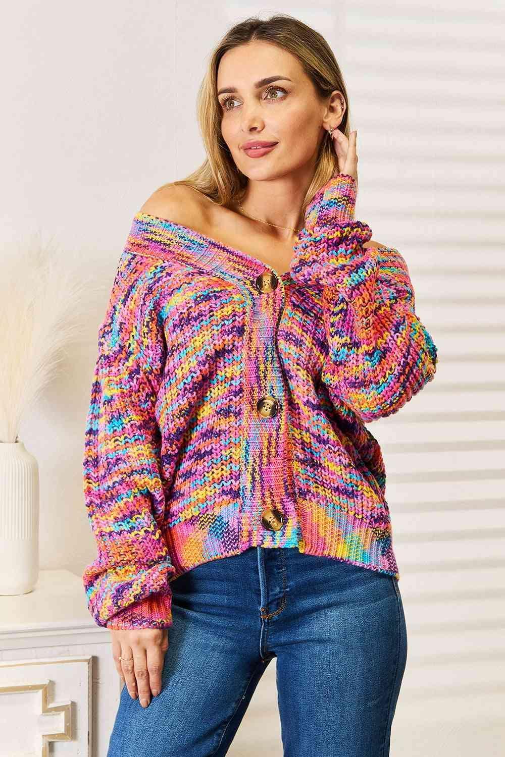 Vibrant V-Neck Long Sleeve Multicolor Cardigan-MXSTUDIO.COM