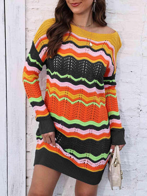 Vibrantly Cozy Long Sleeve Open Knit Sweater Dress - MXSTUDIO.COM