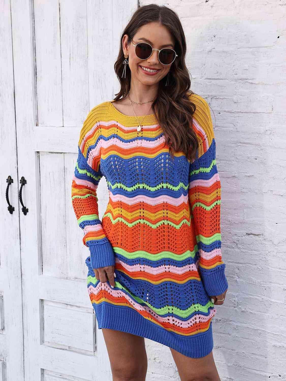 Vibrantly Cozy Long Sleeve Open Knit Sweater Dress - MXSTUDIO.COM