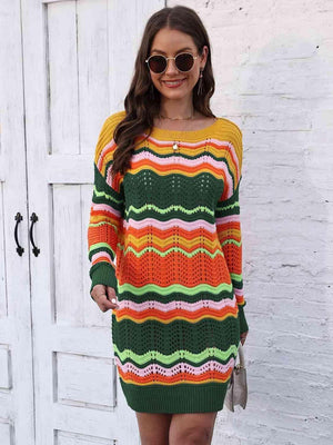 Vibrantly Cozy Long Sleeve Open Knit Sweater Dress - MXSTUDIO.COM