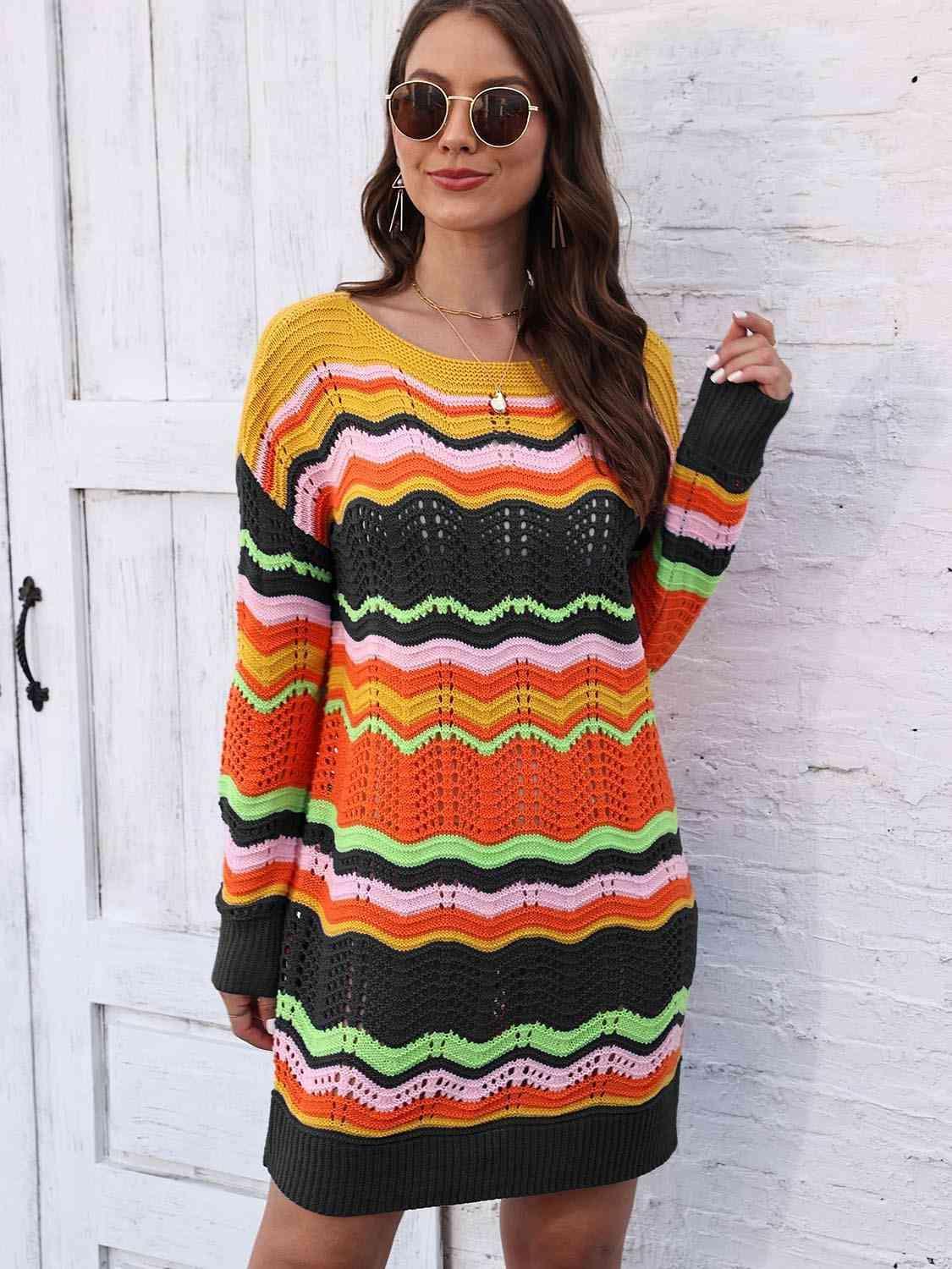 Vibrantly Cozy Long Sleeve Open Knit Sweater Dress - MXSTUDIO.COM