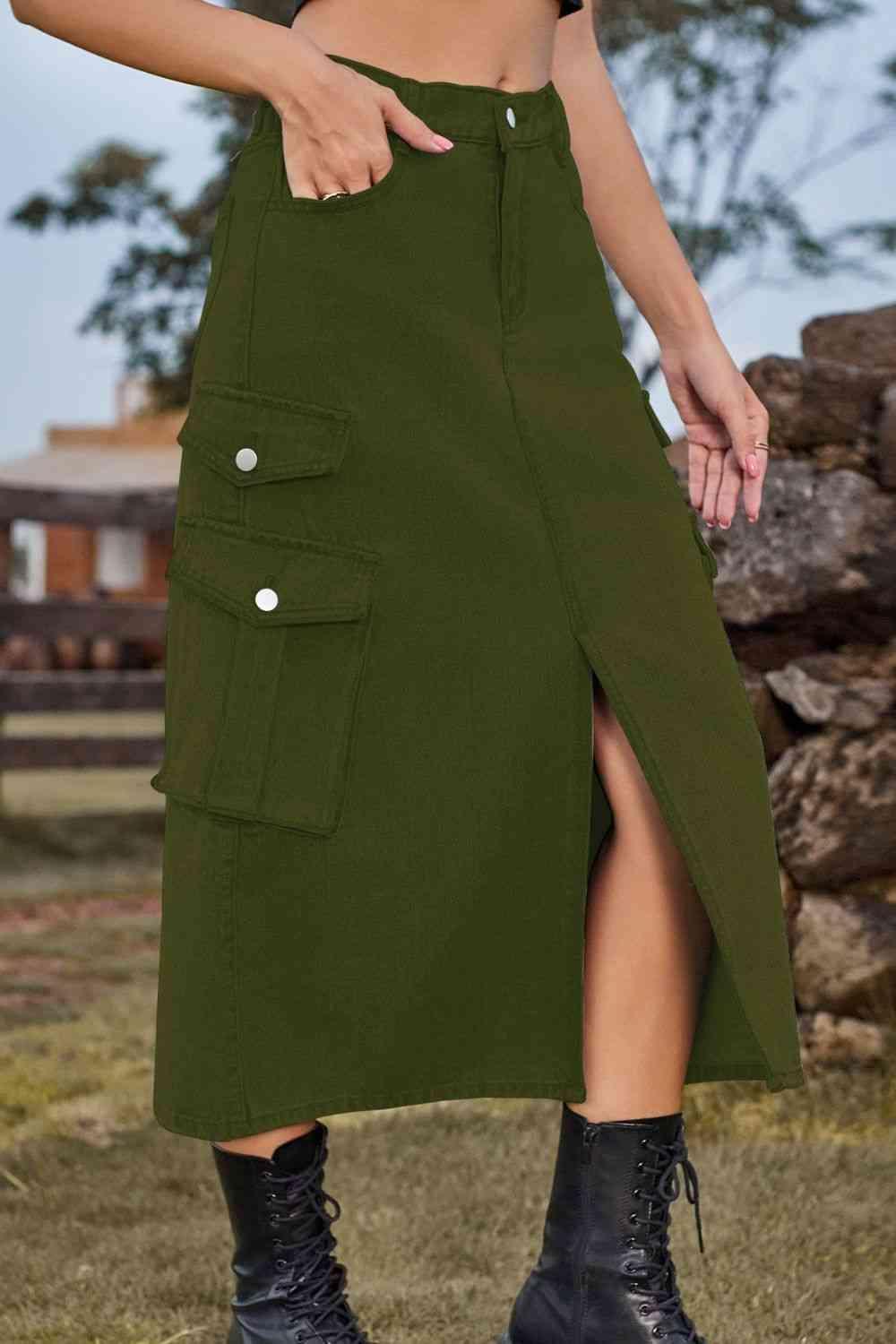 Vintage Beauty Slit Front Denim Cargo Midi Skirt - MXSTUDIO.COM