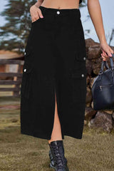 Vintage Beauty Slit Front Denim Cargo Midi Skirt - MXSTUDIO.COM