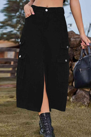 Vintage Beauty Slit Front Denim Cargo Midi Skirt - MXSTUDIO.COM