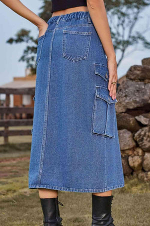 Vintage Beauty Slit Front Denim Cargo Midi Skirt - MXSTUDIO.COM