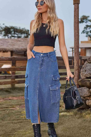 Vintage Beauty Slit Front Denim Cargo Midi Skirt - MXSTUDIO.COM