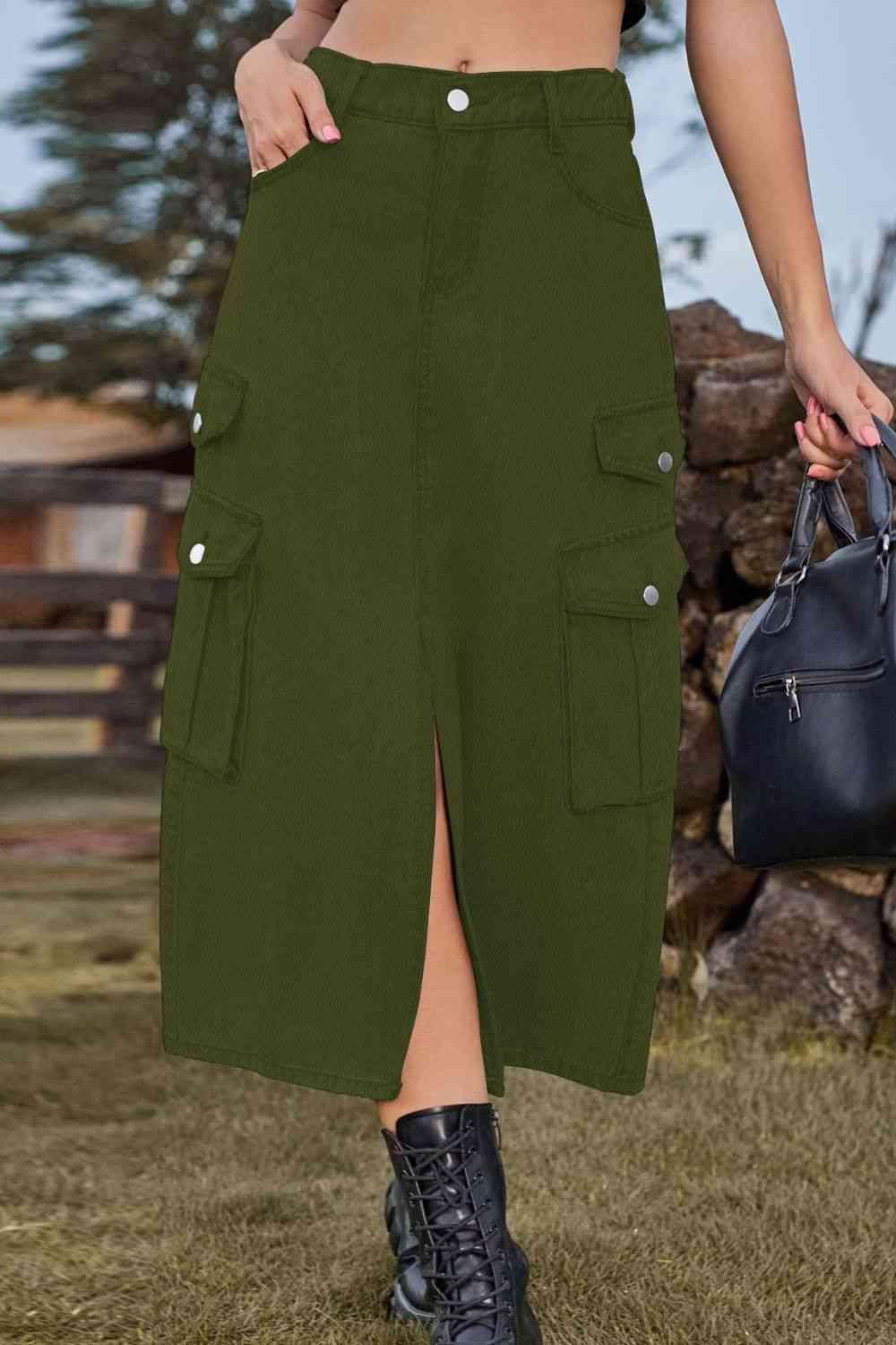 Vintage Beauty Slit Front Denim Cargo Midi Skirt - MXSTUDIO.COM