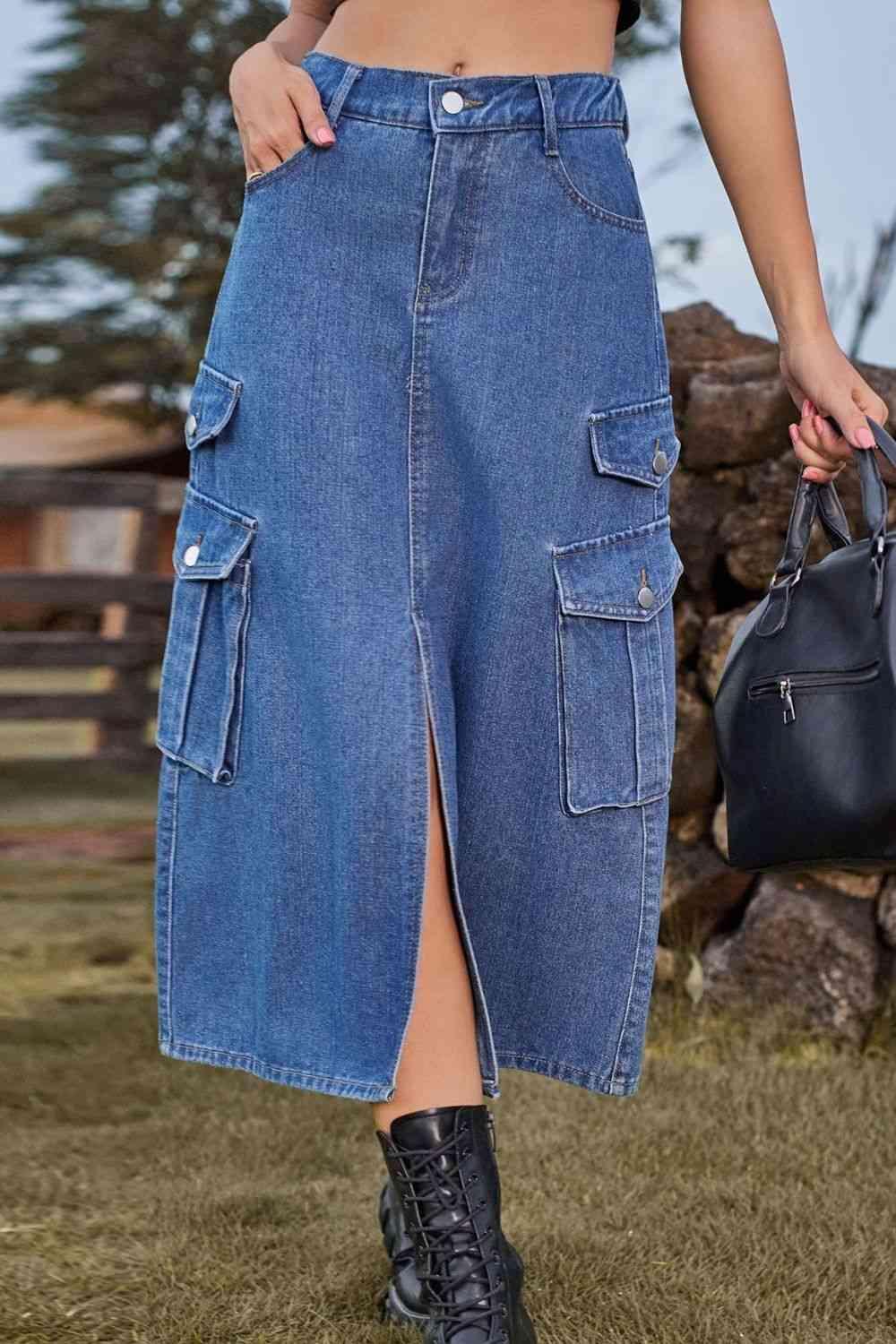 Vintage Beauty Slit Front Denim Cargo Midi Skirt - MXSTUDIO.COM