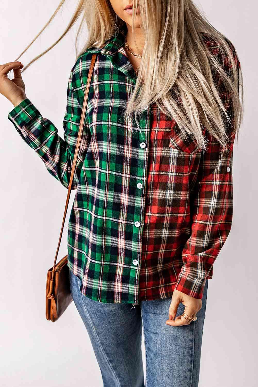 a woman wearing a green and red plaid shirt