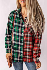 a woman wearing a green and red plaid shirt