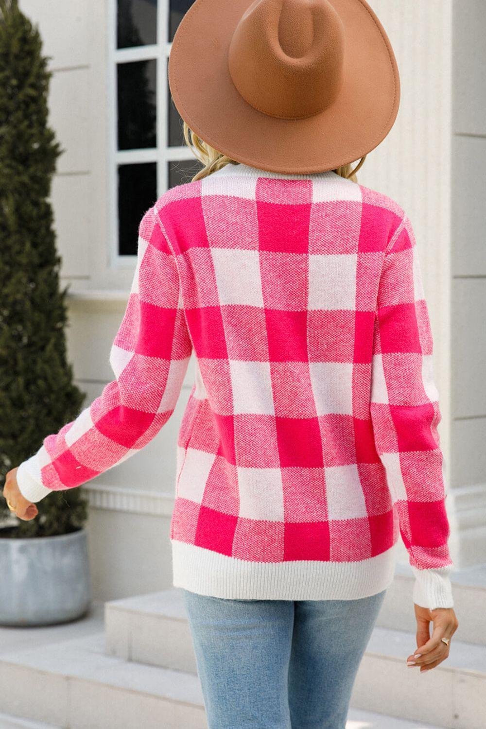 Vintage Warmth Ribbed Knit Gingham Sweater - MXSTUDIO.COM