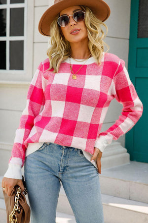 Vintage Warmth Ribbed Knit Gingham Sweater - MXSTUDIO.COM