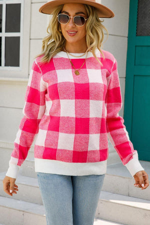 Vintage Warmth Ribbed Knit Gingham Sweater - MXSTUDIO.COM