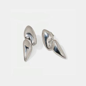 a pair of silver earrings on a white background