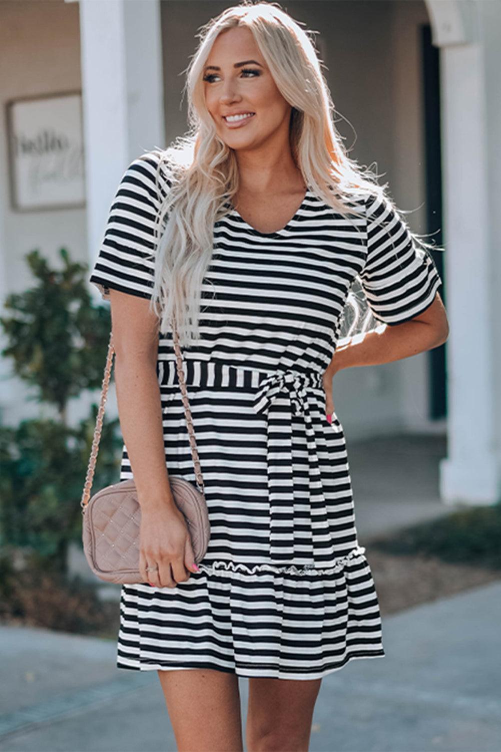 Vivacious Striped V-Neck Dress - MXSTUDIO.COM