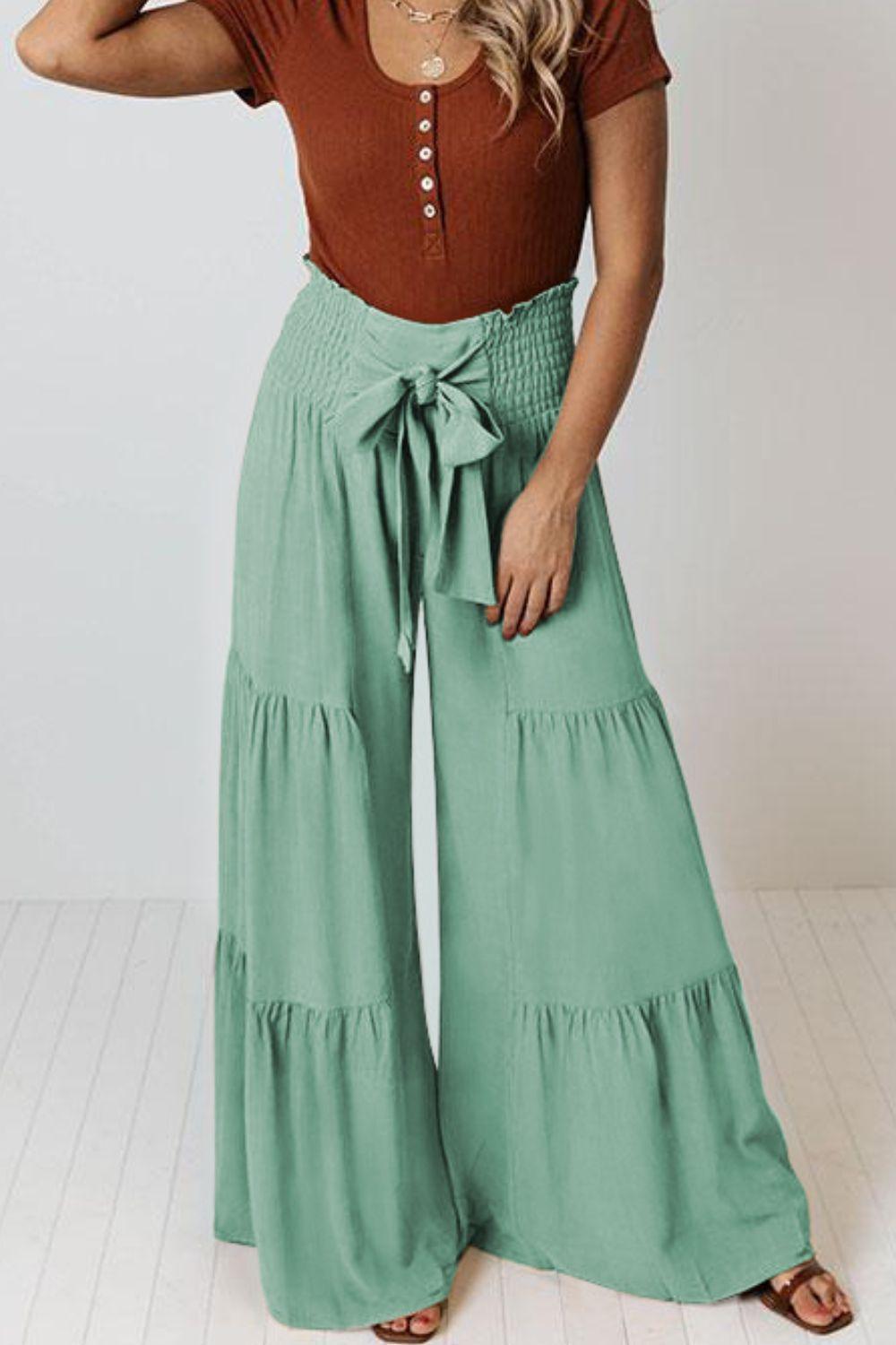 Vivacious Tie Front Tiered Wide Leg Culottes - MXSTUDIO.COM