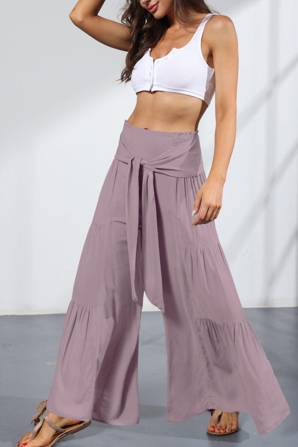 Vivacious Tie Front Tiered Wide Leg Culottes - MXSTUDIO.COM