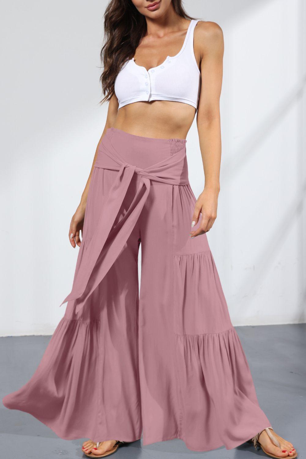 Vivacious Tie Front Tiered Wide Leg Culottes - MXSTUDIO.COM