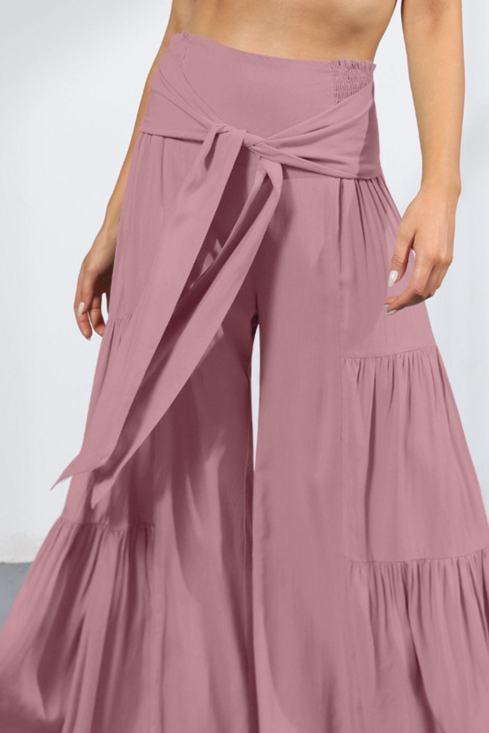 Vivacious Tie Front Tiered Wide Leg Culottes - MXSTUDIO.COM