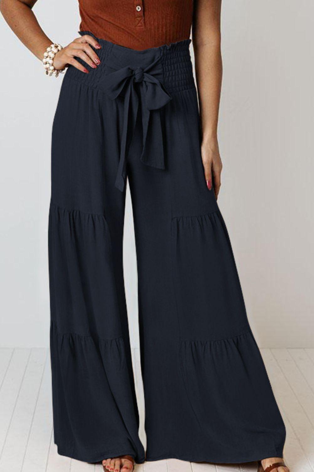 Vivacious Tie Front Tiered Wide Leg Culottes - MXSTUDIO.COM