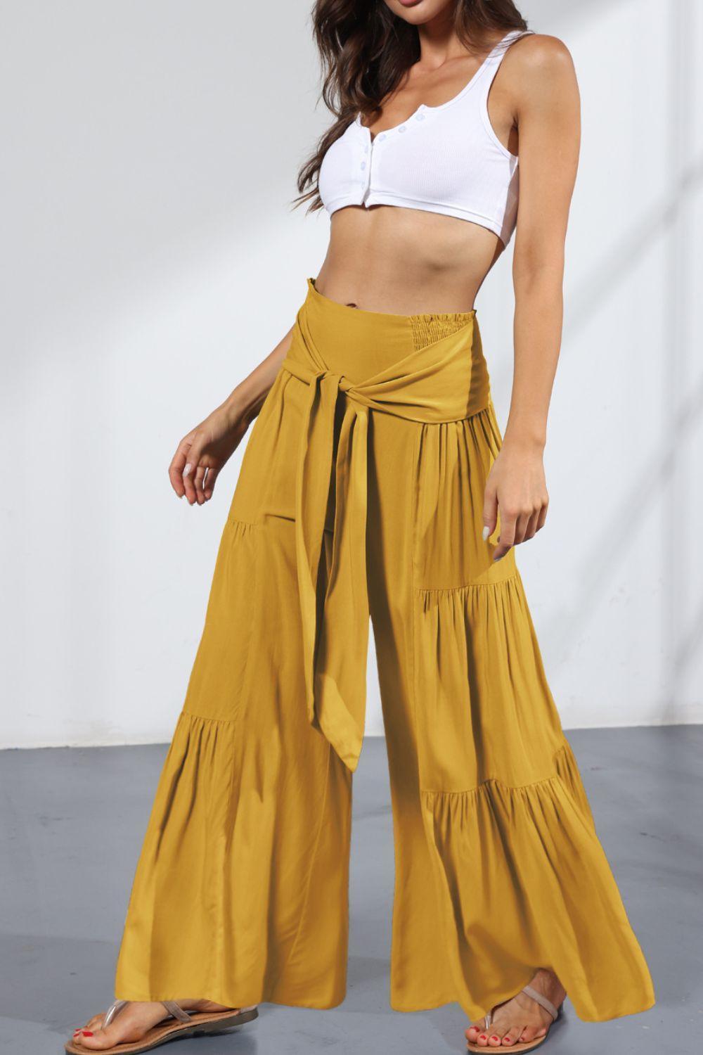 Vivacious Tie Front Tiered Wide Leg Culottes - MXSTUDIO.COM