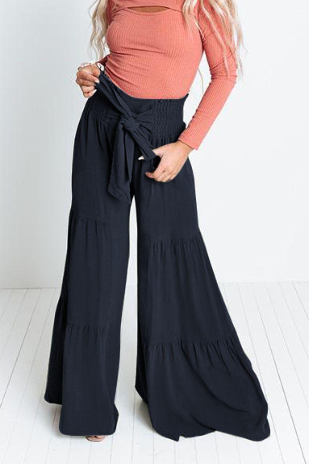 Vivacious Tie Front Tiered Wide Leg Culottes - MXSTUDIO.COM