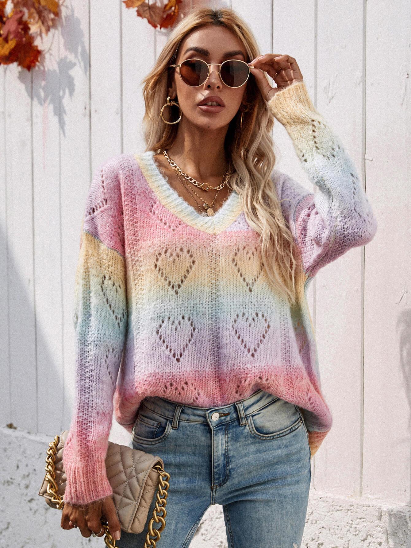 Vivacious V-Neck Drop Shoulder Pullover Tie-Dye Sweater - MXSTUDIO.COM