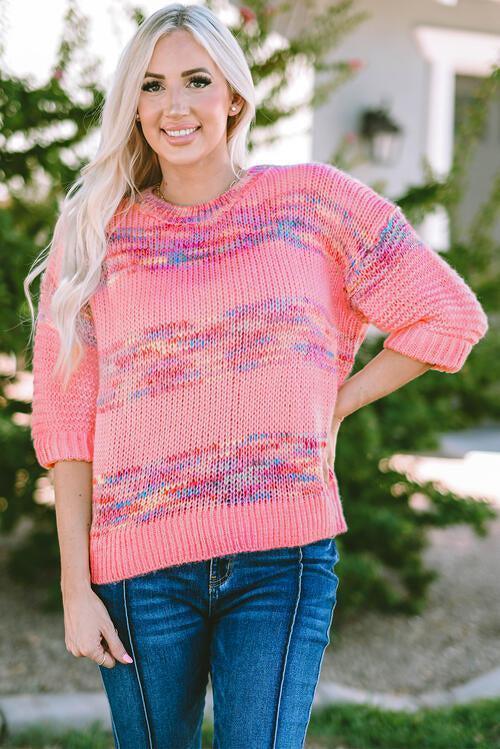 Vivaciously Warm Pink Knitted Half Sleeve Sweater-MXSTUDIO.COM