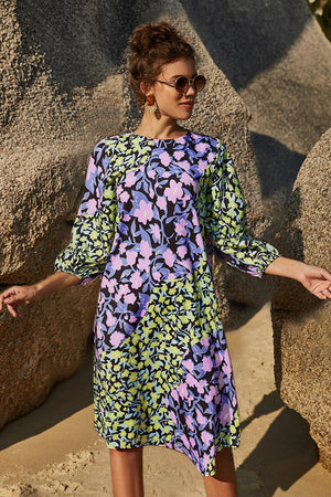 Vivid Floral Three Quarter Sleeve Dress - MXSTUDIO.COM