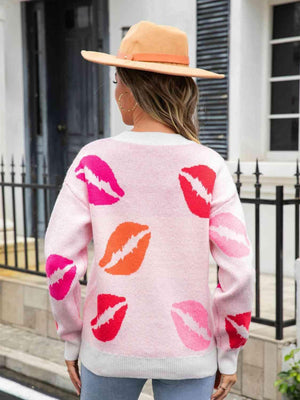 Voluptuous V-Neck Knitted Lips Sweater - MXSTUDIO.COM
