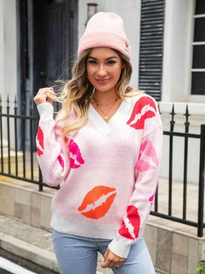 Voluptuous V-Neck Knitted Lips Sweater - MXSTUDIO.COM