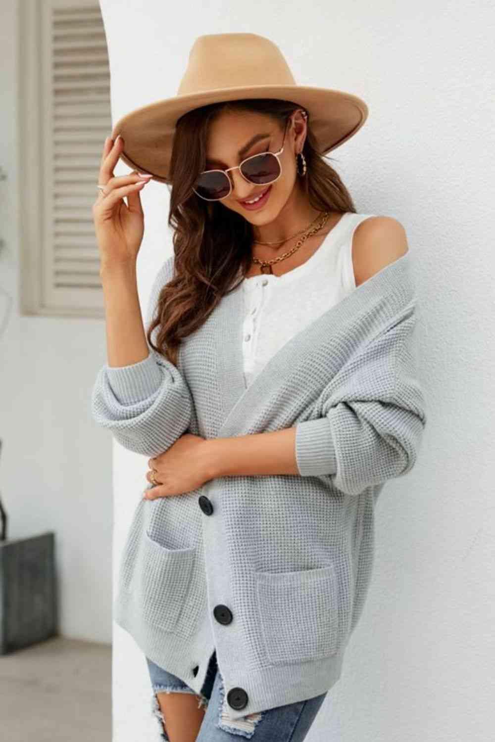 Waffle-Knit Buttoned Cardigan With Pockets - MXSTUDIO.COM