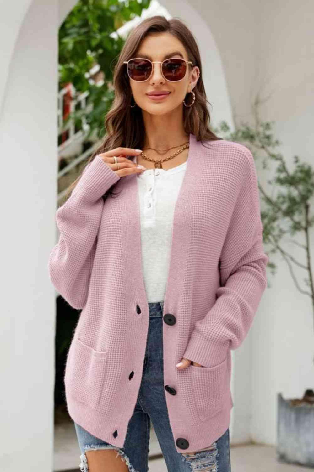 Waffle-Knit Buttoned Cardigan With Pockets - MXSTUDIO.COM