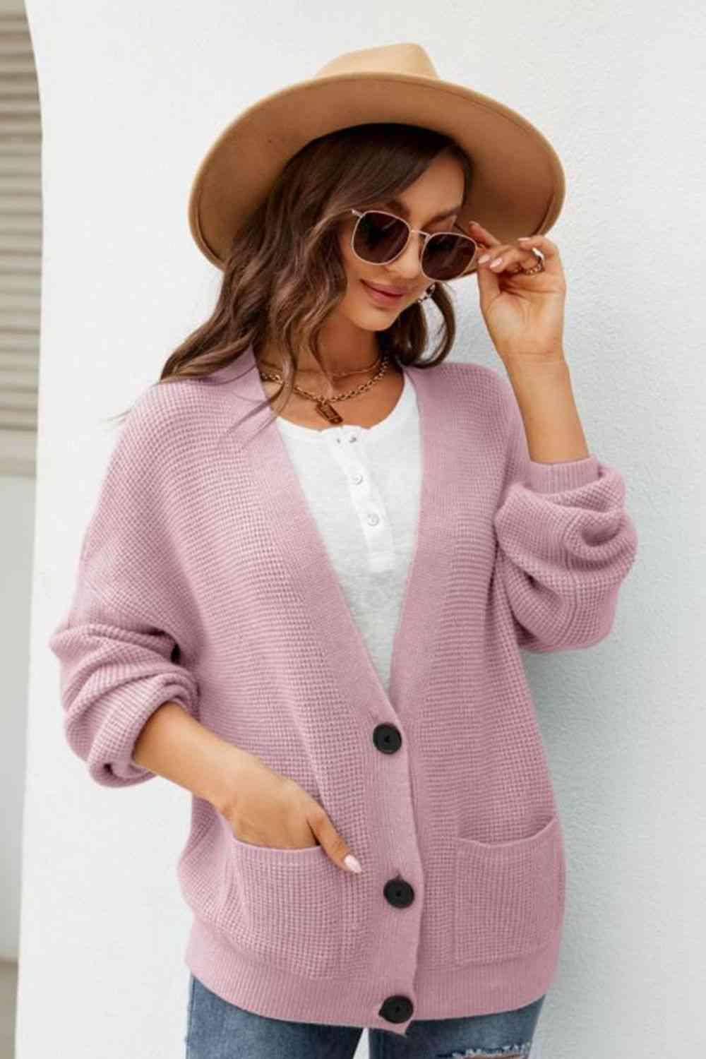 Waffle-Knit Buttoned Cardigan With Pockets - MXSTUDIO.COM