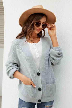 Waffle-Knit Buttoned Cardigan With Pockets - MXSTUDIO.COM