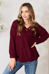 Waffle-Knit Buttoned V-Neck Burgundy Sweater-MXSTUDIO.COM