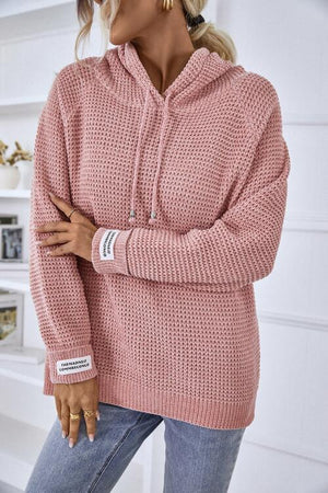 Waffle Knit Drawstring Hooded Sweater-MXSTUDIO.COM