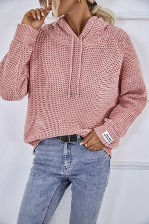 Waffle Knit Drawstring Hooded Sweater-MXSTUDIO.COM