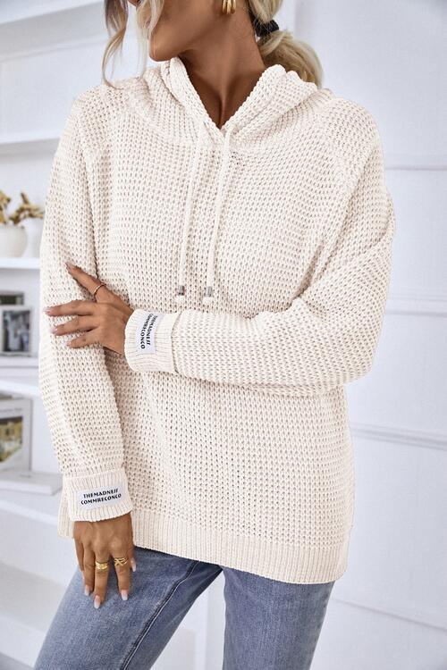 Waffle Knit Drawstring Hooded Sweater-MXSTUDIO.COM