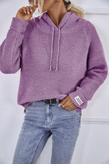 Waffle Knit Drawstring Hooded Sweater-MXSTUDIO.COM